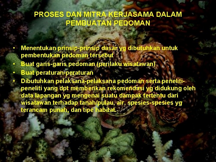 PROSES DAN MITRA KERJASAMA DALAM PEMBUATAN PEDOMAN • Menentukan prinsip-prinsip dasar yg dibutuhkan untuk