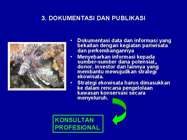 3. DOKUMENTASI DAN PUBLIKASI • Dokumentasi data dan informasi yang bekaitan dengan kegiatan pariwisata