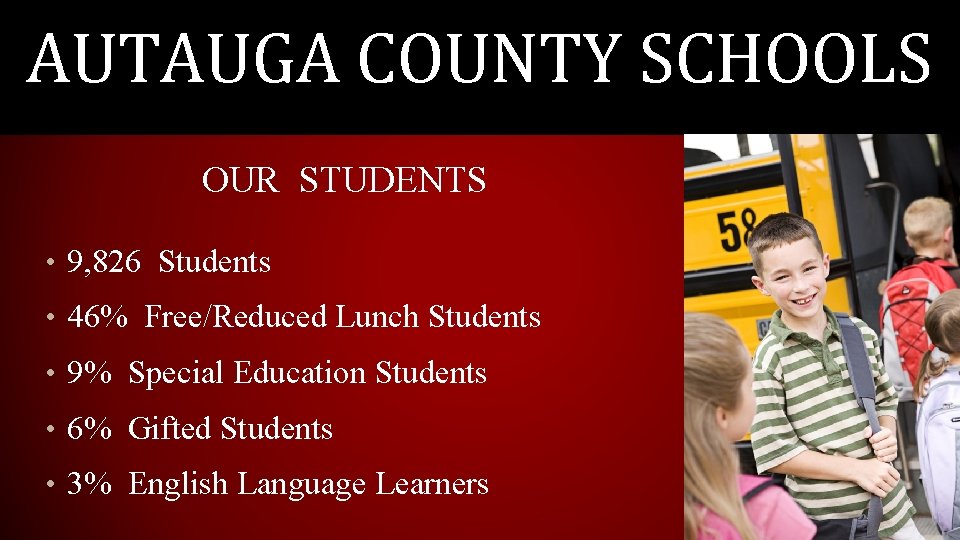 AUTAUGA COUNTY SCHOOLS OUR STUDENTS • 9, 826 Students • 46% Free/Reduced Lunch Students