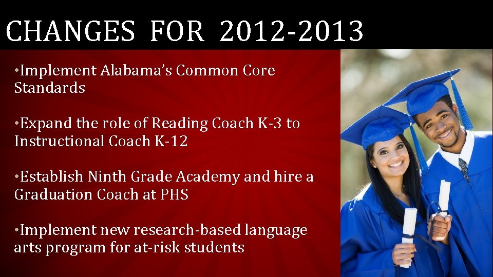 CHANGES FOR 2012 -2013 • Implement Alabama’s Common Core Standards • Expand the role