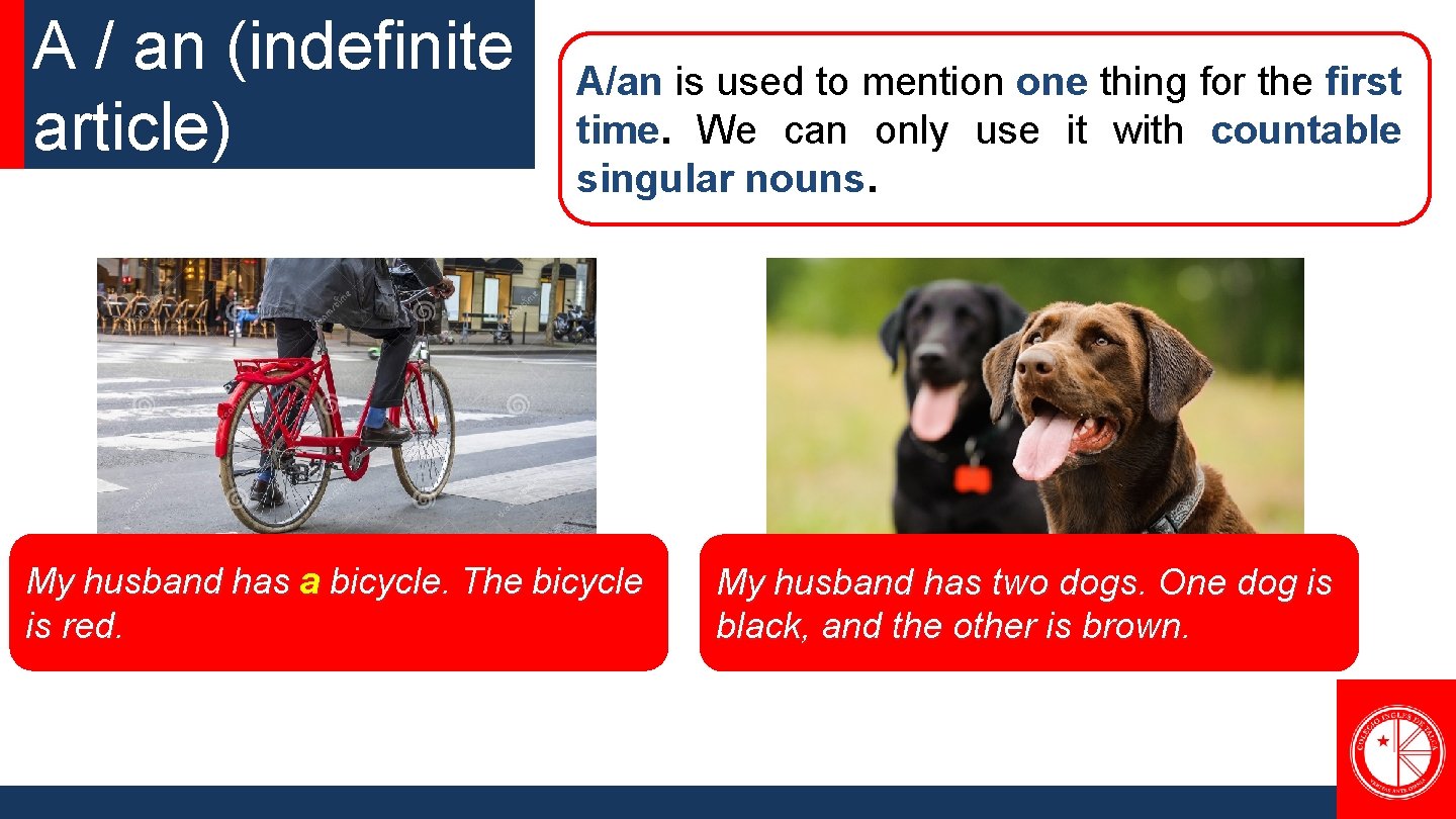 A / an (indefinite article) A/an is used to mention one thing for the
