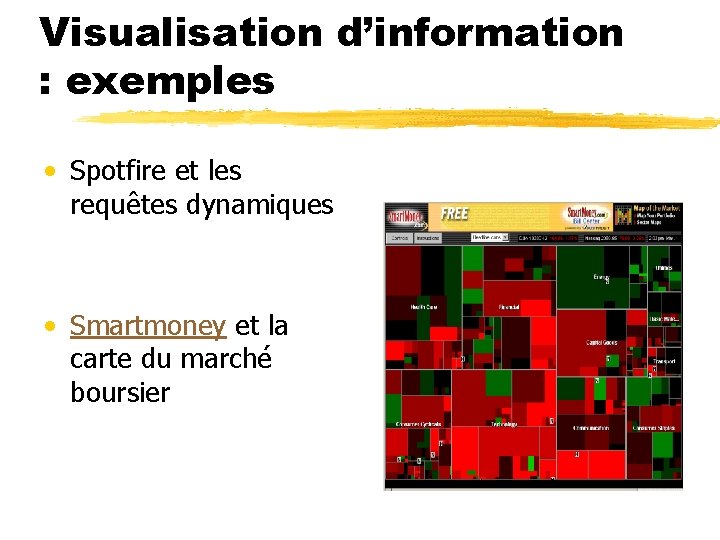 Visualisation d’information : exemples • Spotfire et les requêtes dynamiques • Smartmoney et la