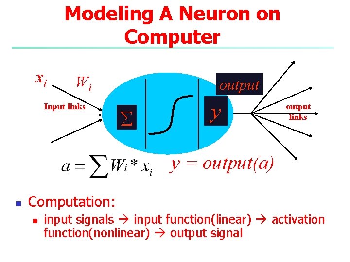 Modeling A Neuron on Computer xi Wi Input links output å y output links