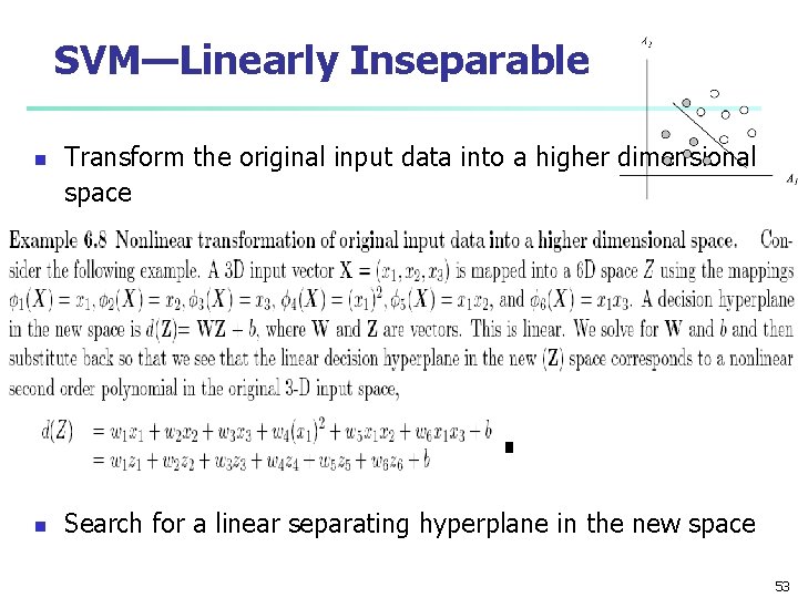 SVM—Linearly Inseparable n n Transform the original input data into a higher dimensional space