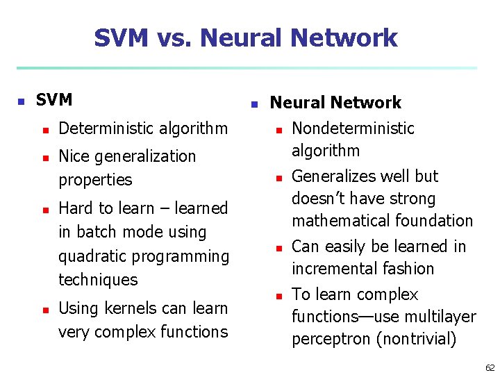 SVM vs. Neural Network n SVM n n Deterministic algorithm Nice generalization properties Hard