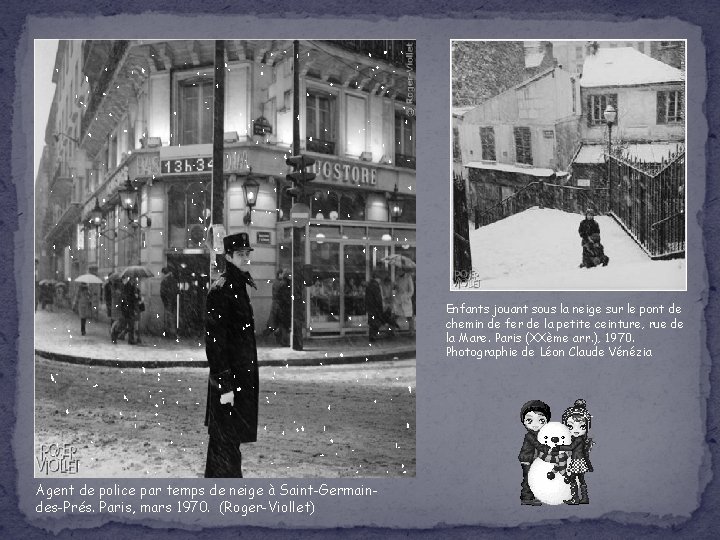 Enfants jouant sous la neige sur le pont de chemin de fer de la