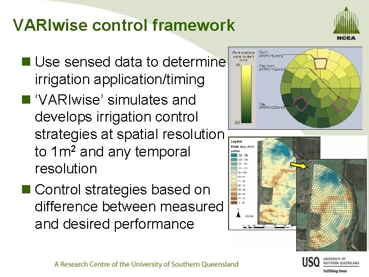 VARIwise control framework n Use sensed data to determine irrigation application/timing n ‘VARIwise’ simulates