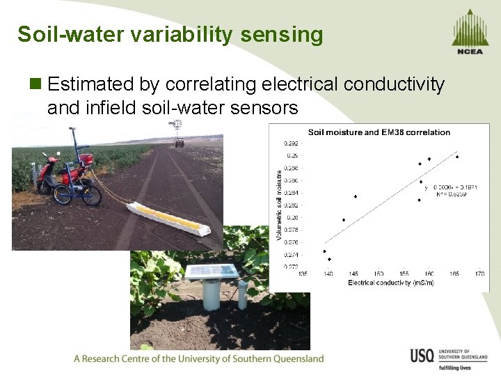 Soil-water variability sensing n Estimated by correlating electrical conductivity and infield soil-water sensors 