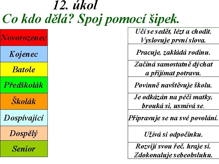 12. úkol Co kdo dělá? Spoj pomocí šipek. Novorozenec Učí se sedět, lézt a