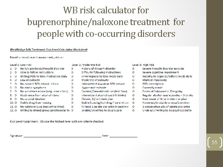 WB risk calculator for buprenorphine/naloxone treatment for people with co-occurring disorders 55 