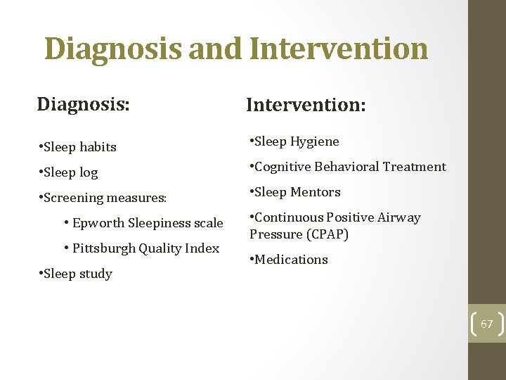 Diagnosis and Intervention Diagnosis: Intervention: • Sleep habits • Sleep Hygiene • Sleep log