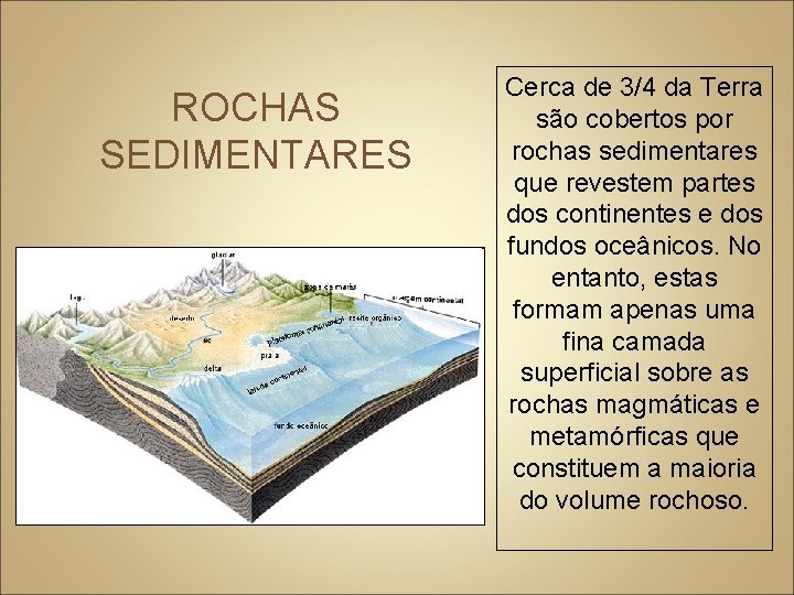 ROCHAS SEDIMENTARES Cerca de 3/4 da Terra são cobertos por rochas sedimentares que revestem