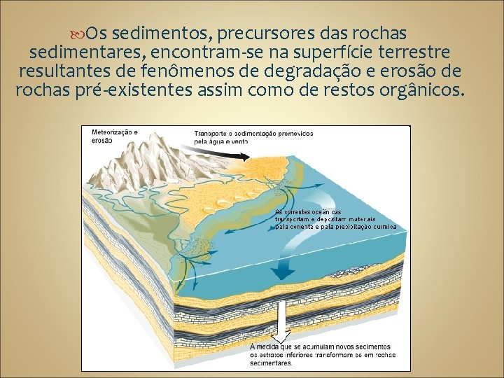  Os sedimentos, precursores das rochas sedimentares, encontram-se na superfície terrestre resultantes de fenômenos