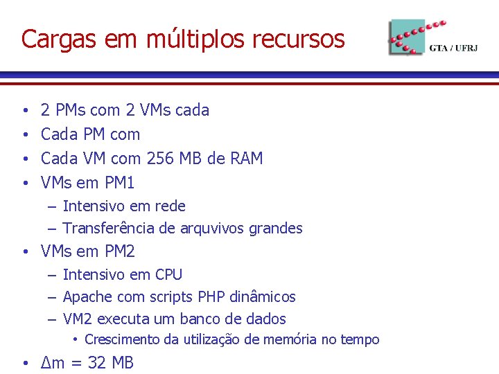 Cargas em múltiplos recursos • • 2 PMs com 2 VMs cada Cada PM