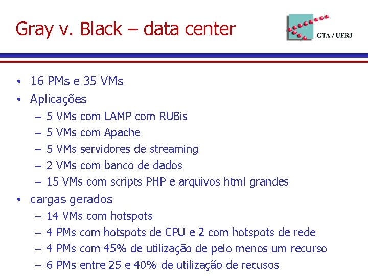 Gray v. Black – data center • 16 PMs e 35 VMs • Aplicações