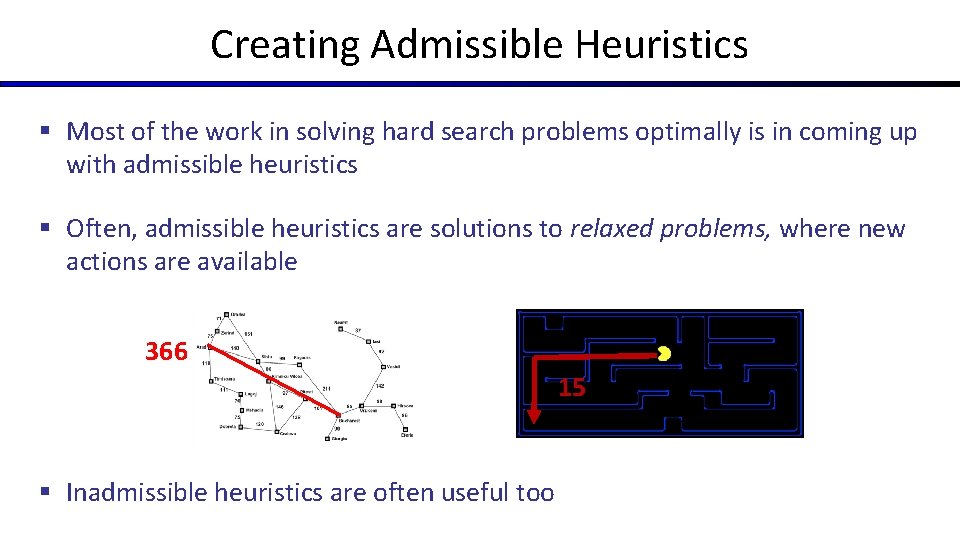 Creating Admissible Heuristics § Most of the work in solving hard search problems optimally Creating Admissible Heuristics § Most of the work in solving hard search problems optimally