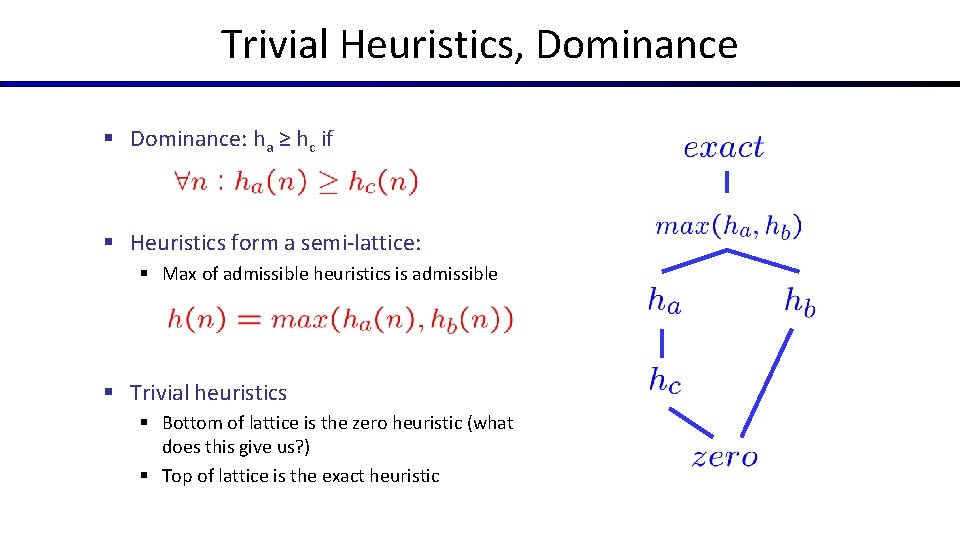 Trivial Heuristics, Dominance § Dominance: ha ≥ hc if § Heuristics form a semi-lattice: Trivial Heuristics, Dominance § Dominance: ha ≥ hc if § Heuristics form a semi-lattice: