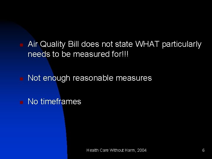n Air Quality Bill does not state WHAT particularly needs to be measured for!!!