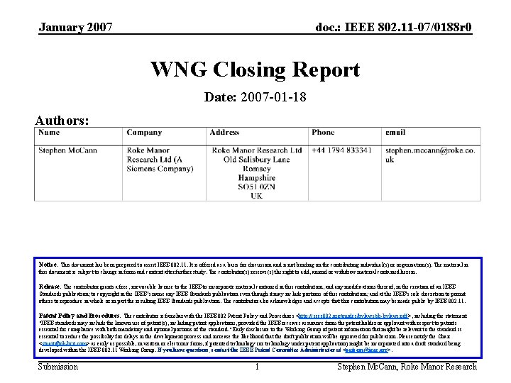January 2007 doc. : IEEE 802. 11 -07/0188 r 0 WNG Closing Report Date: