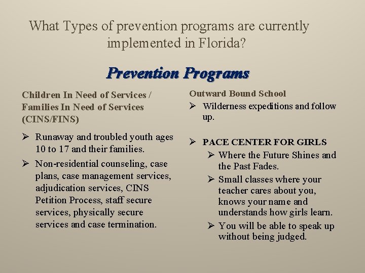 What Types of prevention programs are currently implemented in Florida? Prevention Programs Children In