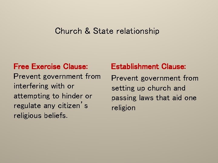 Church & State relationship Free Exercise Clause: Prevent government from interfering with or attempting