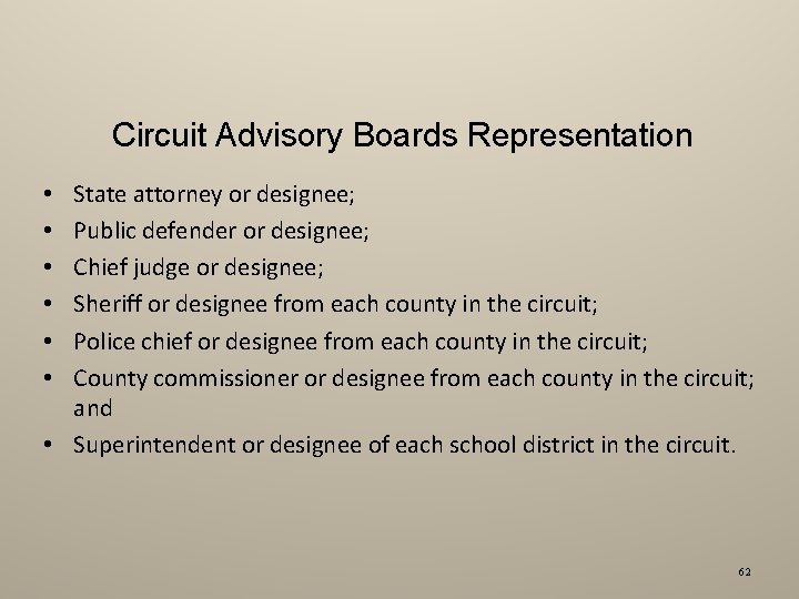 Circuit Advisory Boards Representation State attorney or designee; Public defender or designee; Chief judge