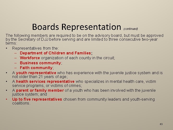 Boards Representation (continued) The following members are required to be on the advisory board,