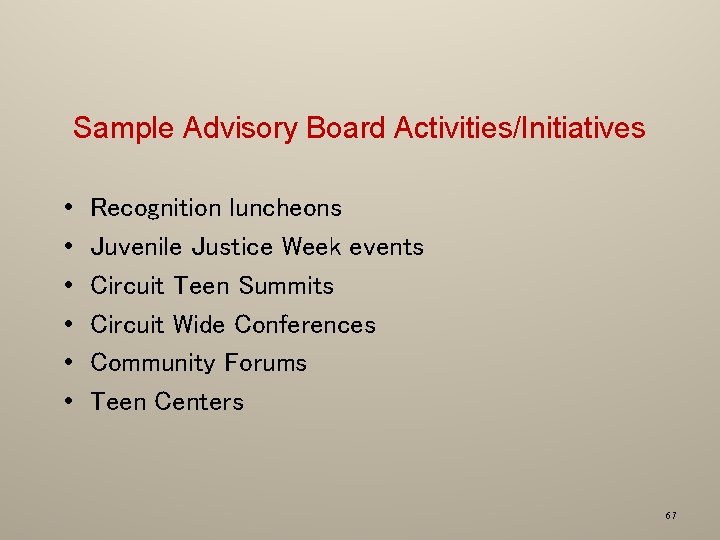 Sample Advisory Board Activities/Initiatives • • • Recognition luncheons Juvenile Justice Week events Circuit