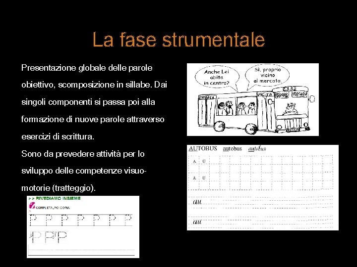 La fase strumentale Presentazione globale delle parole obiettivo, scomposizione in sillabe. Dai singoli componenti