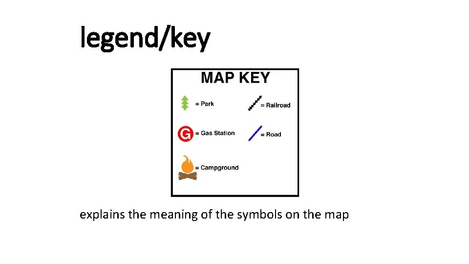 legend/key explains the meaning of the symbols on the map 