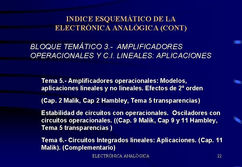 INDICE ESQUEMÁTICO DE LA ELECTRÓNICA ANALÓGICA (CONT) BLOQUE TEMÁTICO 3. - AMPLIFICADORES OPERACIONALES Y
