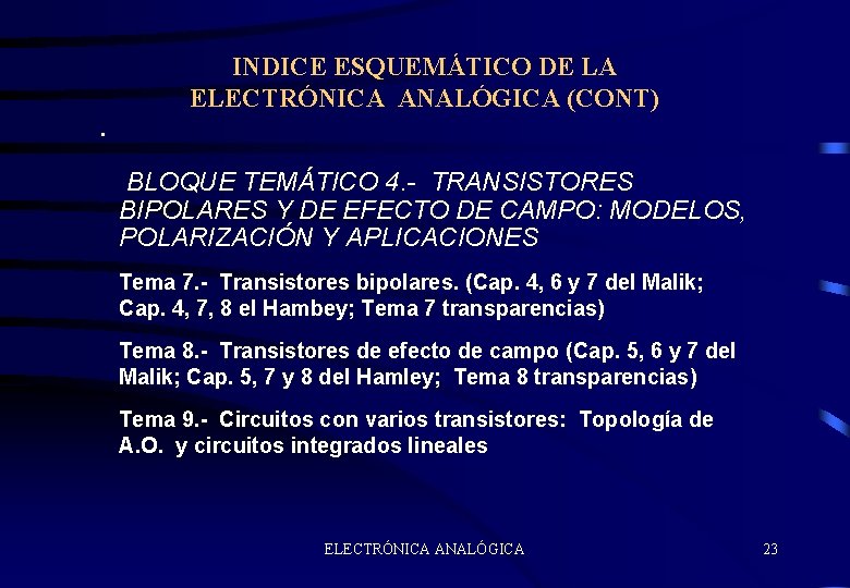 INDICE ESQUEMÁTICO DE LA ELECTRÓNICA ANALÓGICA (CONT). BLOQUE TEMÁTICO 4. - TRANSISTORES BIPOLARES Y