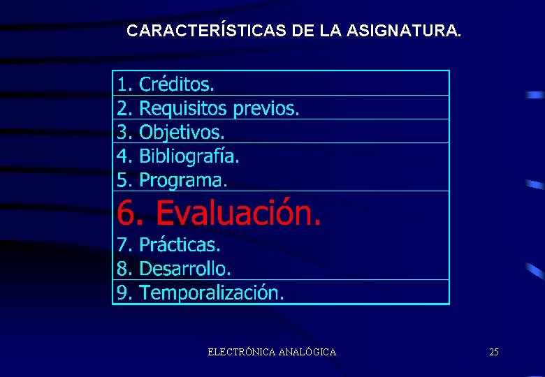 CARACTERÍSTICAS DE LA ASIGNATURA. ELECTRÓNICA ANALÓGICA 25 