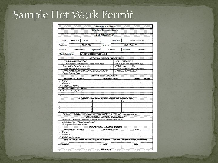 Sample Hot Work Permit Sample Hot Work Permit