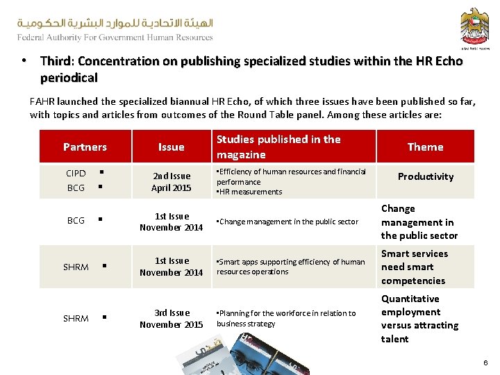  • Third: Concentration on publishing specialized studies within the HR Echo periodical FAHR