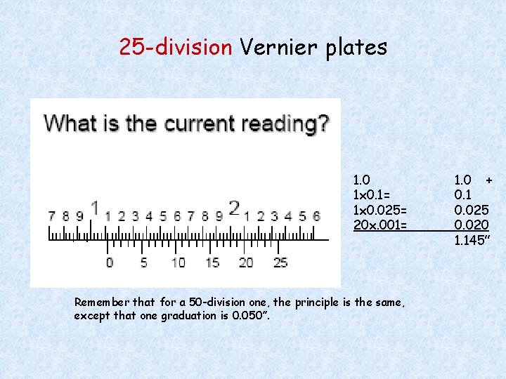 25 -division Vernier plates 1. 0 1 x 0. 1= 1 x 0. 025=