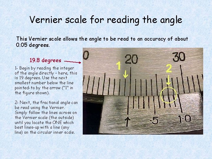 Vernier scale for reading the angle This Vernier scale allows the angle to be