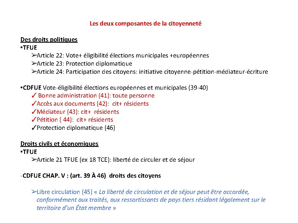 Les deux composantes de la citoyenneté Des droits politiques • TFUE ➢Article 22: Vote+