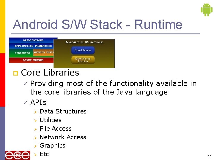 Android S/W Stack - Runtime p Core Libraries ü ü Providing most of the