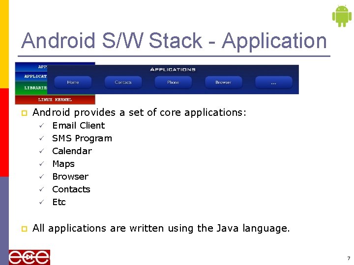 Android S/W Stack - Application p Android provides a set of core applications: ü