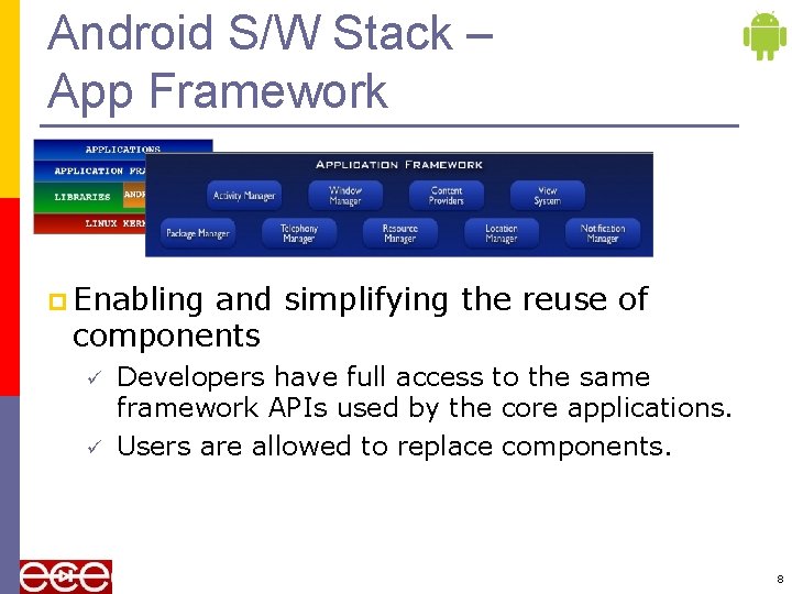 Android S/W Stack – App Framework p Enabling and simplifying the reuse of components
