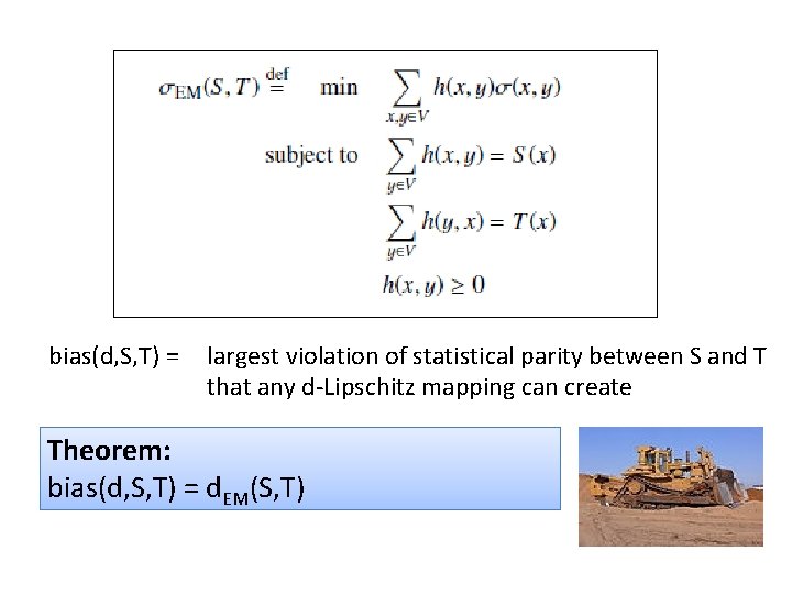 bias(d, S, T) = largest violation of statistical parity between S and T that
