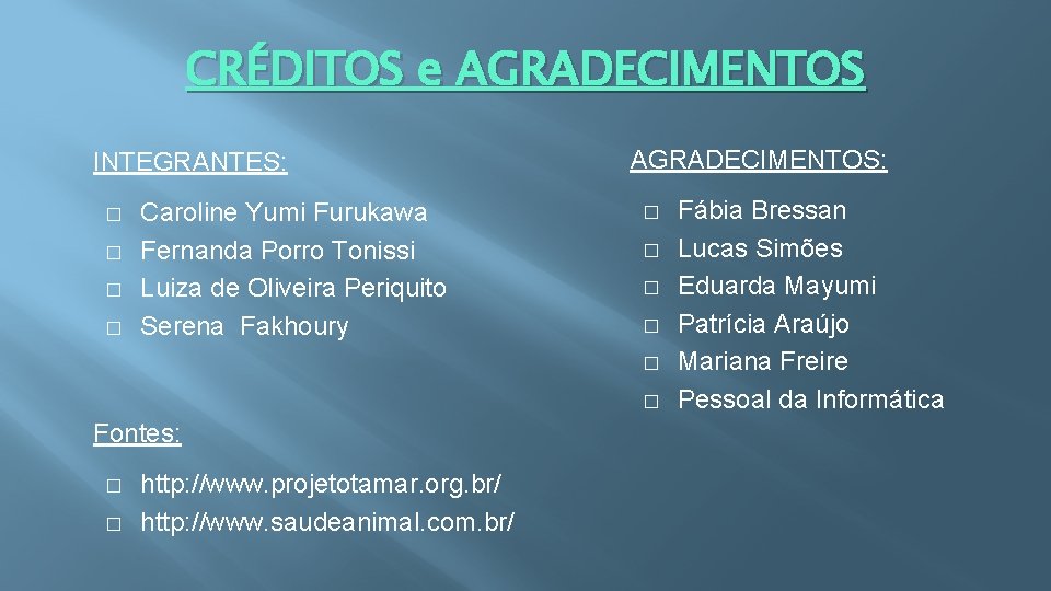 CRÉDITOS e AGRADECIMENTOS INTEGRANTES: � � Caroline Yumi Furukawa Fernanda Porro Tonissi Luiza de