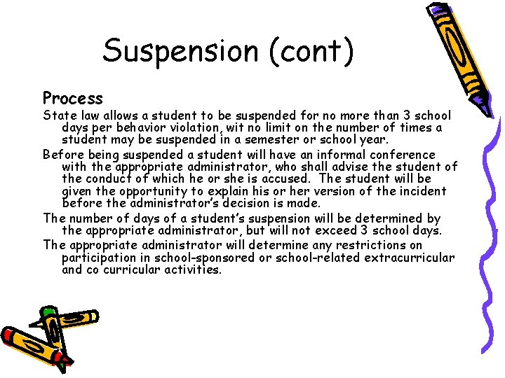 Suspension (cont) Process State law allows a student to be suspended for no more