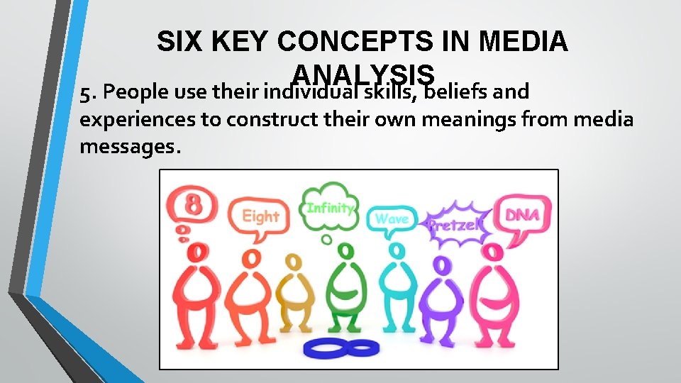 SIX KEY CONCEPTS IN MEDIA ANALYSIS 5. People use their individual skills, beliefs and