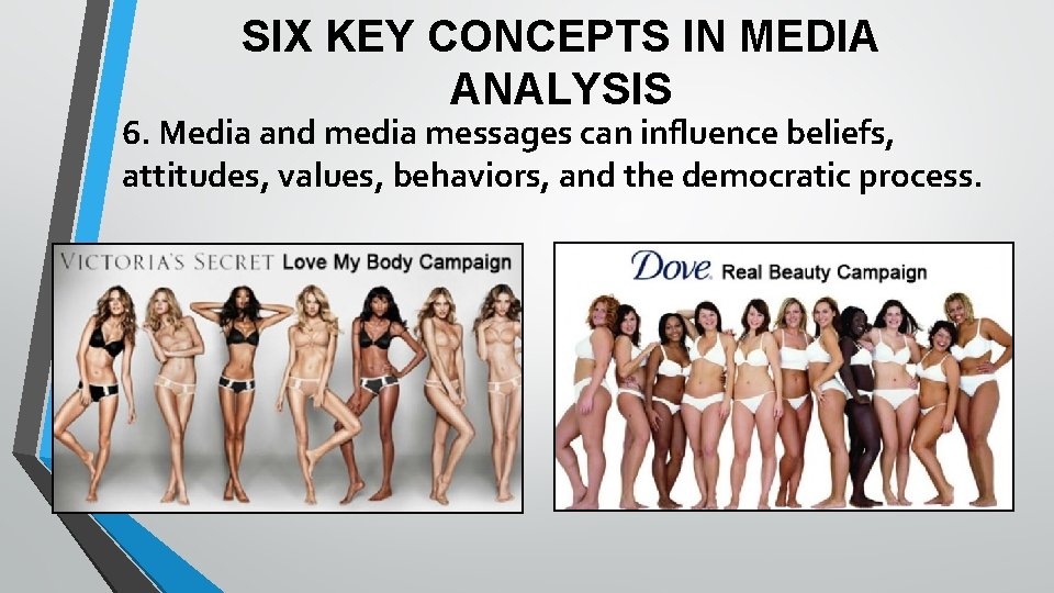 SIX KEY CONCEPTS IN MEDIA ANALYSIS 6. Media and media messages can influence beliefs,