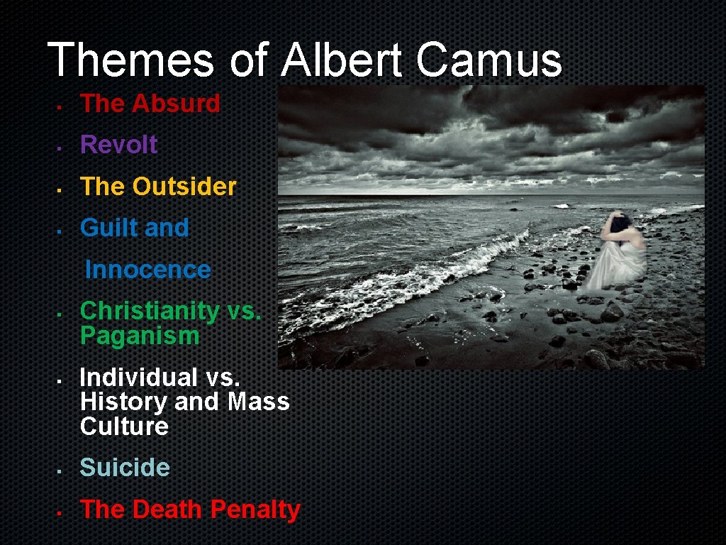 Themes of Albert Camus The Absurd Revolt The Outsider Guilt and Innocence Christianity vs.