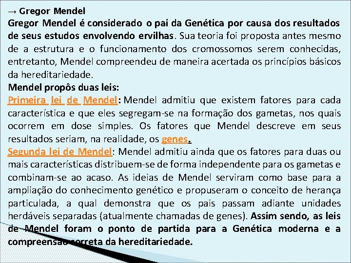 → Gregor Mendel é considerado o pai da Genética por causa dos resultados de