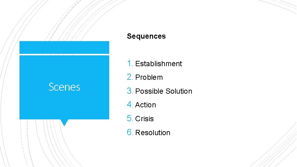 Sequences 1. Establishment Scenes 2. Problem 3. Possible Solution 4. Action 5. Crisis 6.