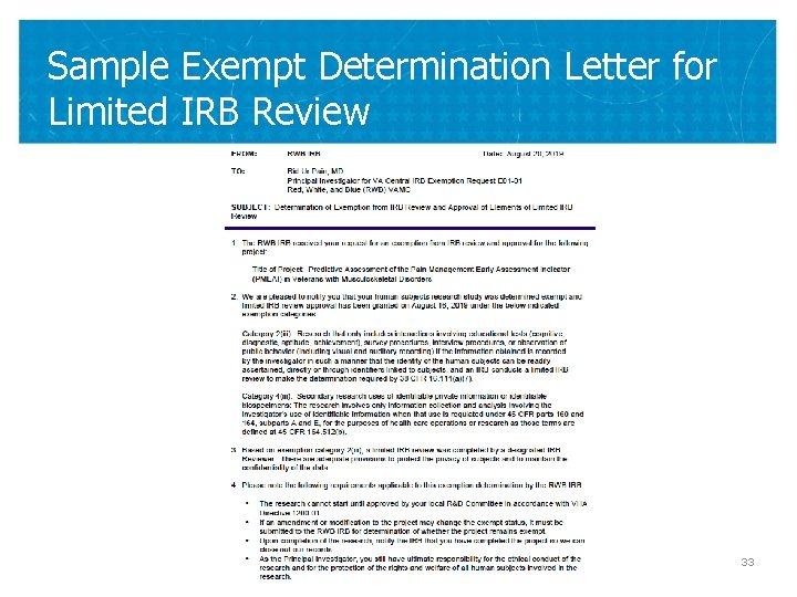 Sample Exempt Determination Letter for Limited IRB Review 33 